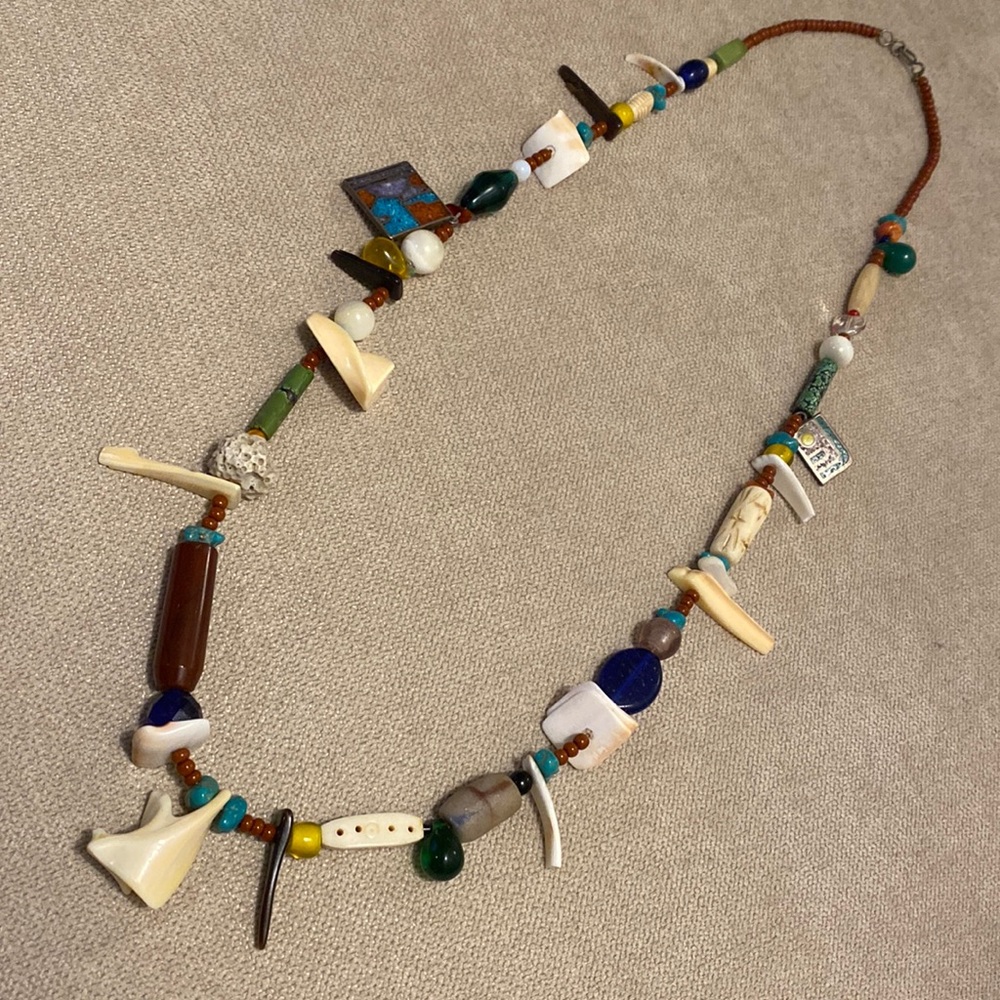 Vintage Sterling Bohemian Murano Glass Shell Carved Bone Stone Necklace